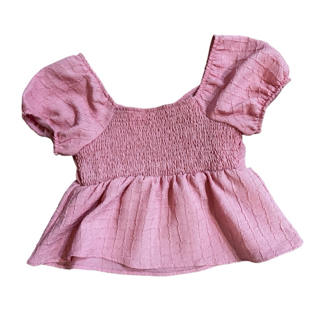 Shein tube top with pink puff sleeve flare crop top, textured pattern, L.